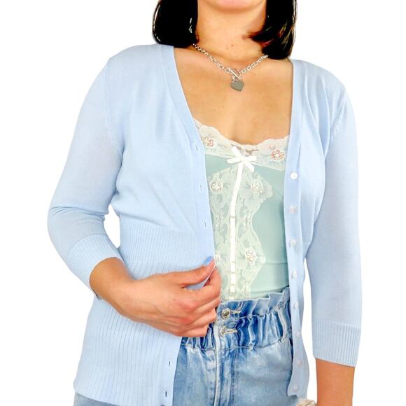 Y2k Pastel Blue Cardigan Sweater Knit XS Preppy Cute Coquette - Picture 1 of 4
